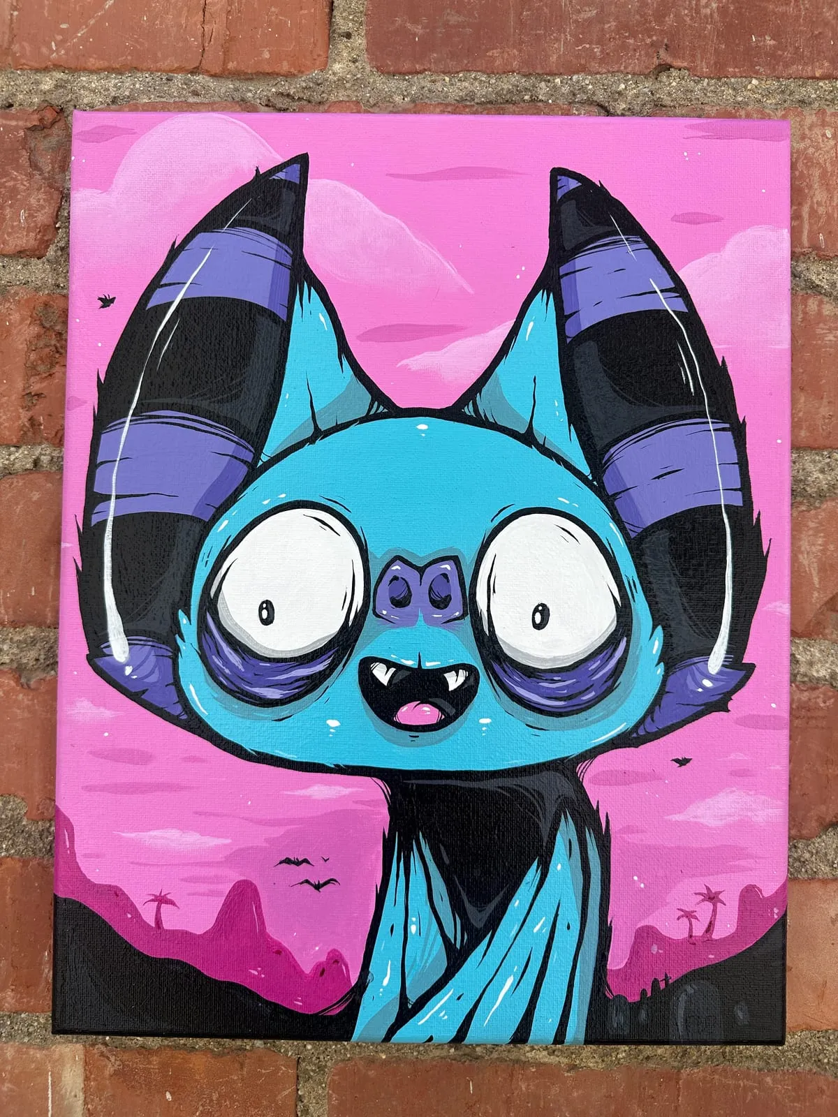 Freaking Ding Bat Painting, acrylic and spray paint painting on canvas: neon goth lowbrow horror bat art by Freaking Ding Bat