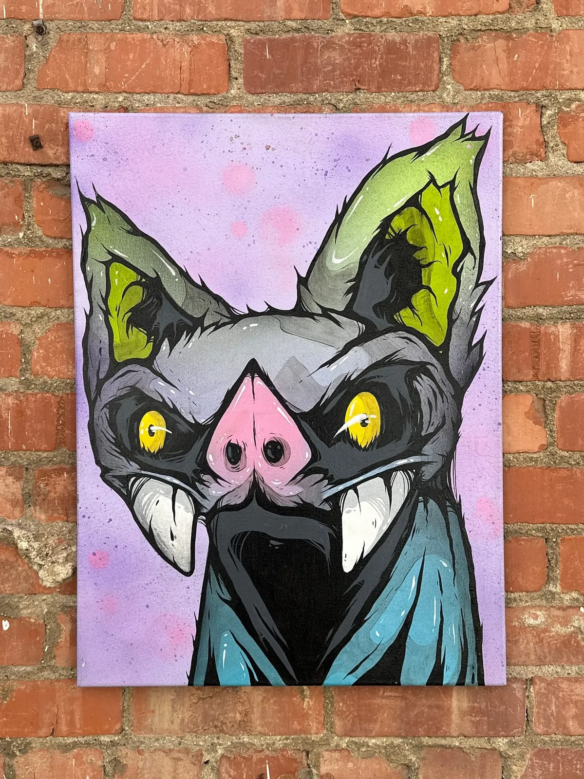 Freaking Ding Bat Painting, acrylic and spray paint painting on canvas: neon goth lowbrow horror bat art by Freaking Ding Bat