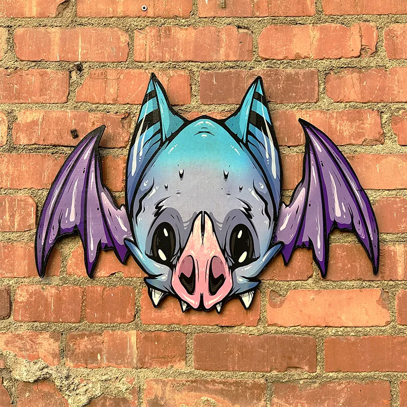 Freaking Ding Bat, hand-cut layered wood art: neon goth lowbrow horror bat art by Freaking Ding Bat