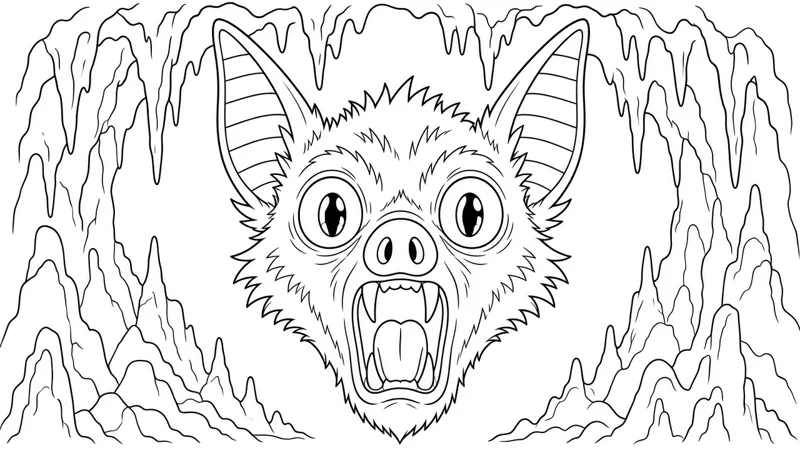 Coloring page: A screaming bat head with big striped ears and a pig snout, in a dripping cave.