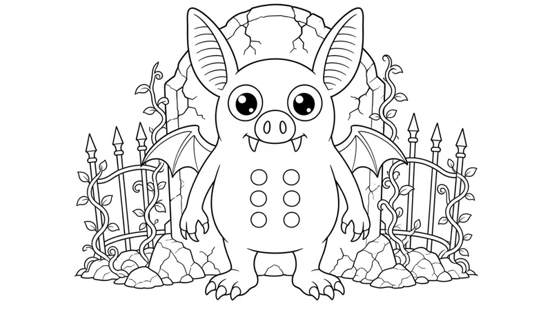 Coloring page: A full-body pig-nosed bat with chest spots, standing guard at a graveyard gate.