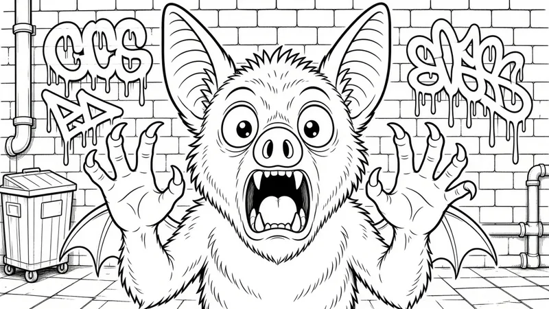 Coloring page: A clawed bat bust with striped ears, popping out of a graffiti alley.